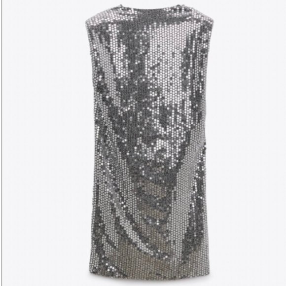 ZARA DRAPED WRAP  SILVER V NECK SEQUIN SHOULDER PADDED DRESS $119 - Picture 9 of 15